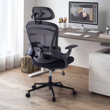 ergonomischer burostuhl schwarz optima netzstoff hochklappbare armlehnen doppelte lordosenstutze kopfstutze 2