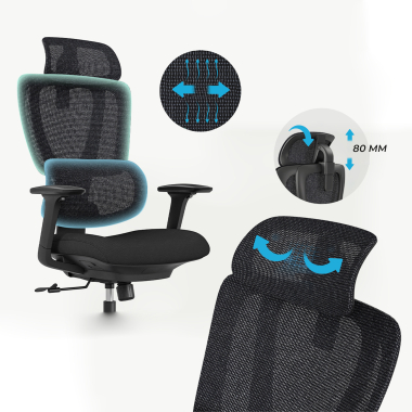 ergonomischer burostuhl schwarz essenza netzstoff 3d verstellbare armlehnen doppelte lordosenstutze kopfstutze 8