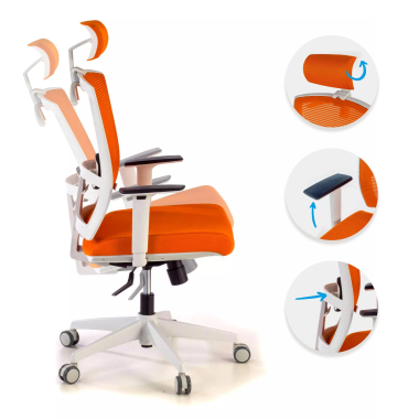 ergonomischer burostuhl weiss orange weisse struktur kopfstutze netzstoff 1d verstellbare armlehnen lordosenstutze kopfstutze 3