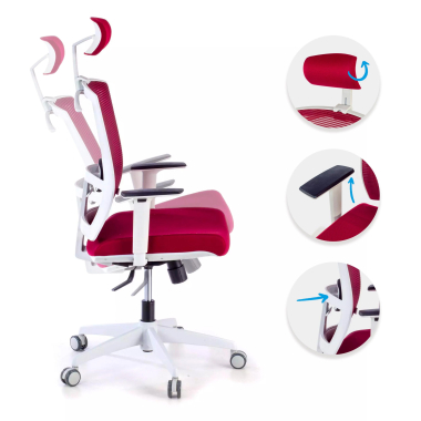 ergonomischer burostuhl weiss rot weisse struktur kopfstutze netzstoff 1d verstellbare armlehnen lordosenstutze kopfstutze 3