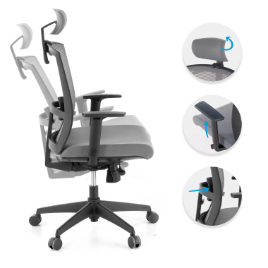 ergonomischer burostuhl grau schwarze struktur kopfstutze netzstoff 1d verstellbare armlehnen lordosenstutze kopfstutze 3
