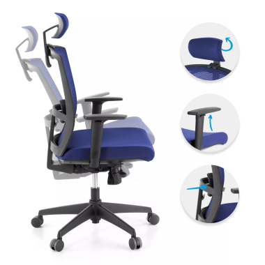 ergonomischer burostuhl blau schwarze struktur kopfstutze netzstoff 1d verstellbare armlehnen lordosenstutze kopfstutze 3