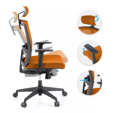 ergonomischer burostuhl orange schwarze struktur kopfstutze netzstoff 1d verstellbare armlehnen lordosenstutze kopfstutze 3