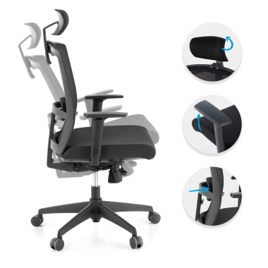 ergonomischer burostuhl schwarz schwarze struktur kopfstutze netzstoff 1d verstellbare armlehnen lordosenstutze kopfstutze 3