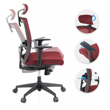 ergonomischer burostuhl rot schwarze struktur kopfstutze netzstoff 1d verstellbare armlehnen lordosenstutze kopfstutze 3