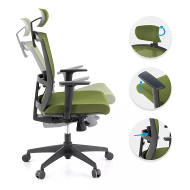 ergonomischer burostuhl grun schwarze struktur kopfstutze netzstoff 1d verstellbare armlehnen lordosenstutze kopfstutze 3