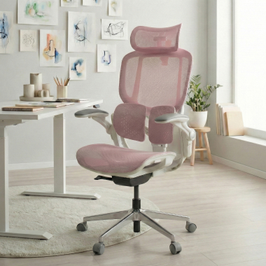 ergonomischer burostuhl weiss rosa erghos one mit kopfstutze netzstoff 3d verstellbare armlehnen doppelte lordosenstutze kopfstutze 2