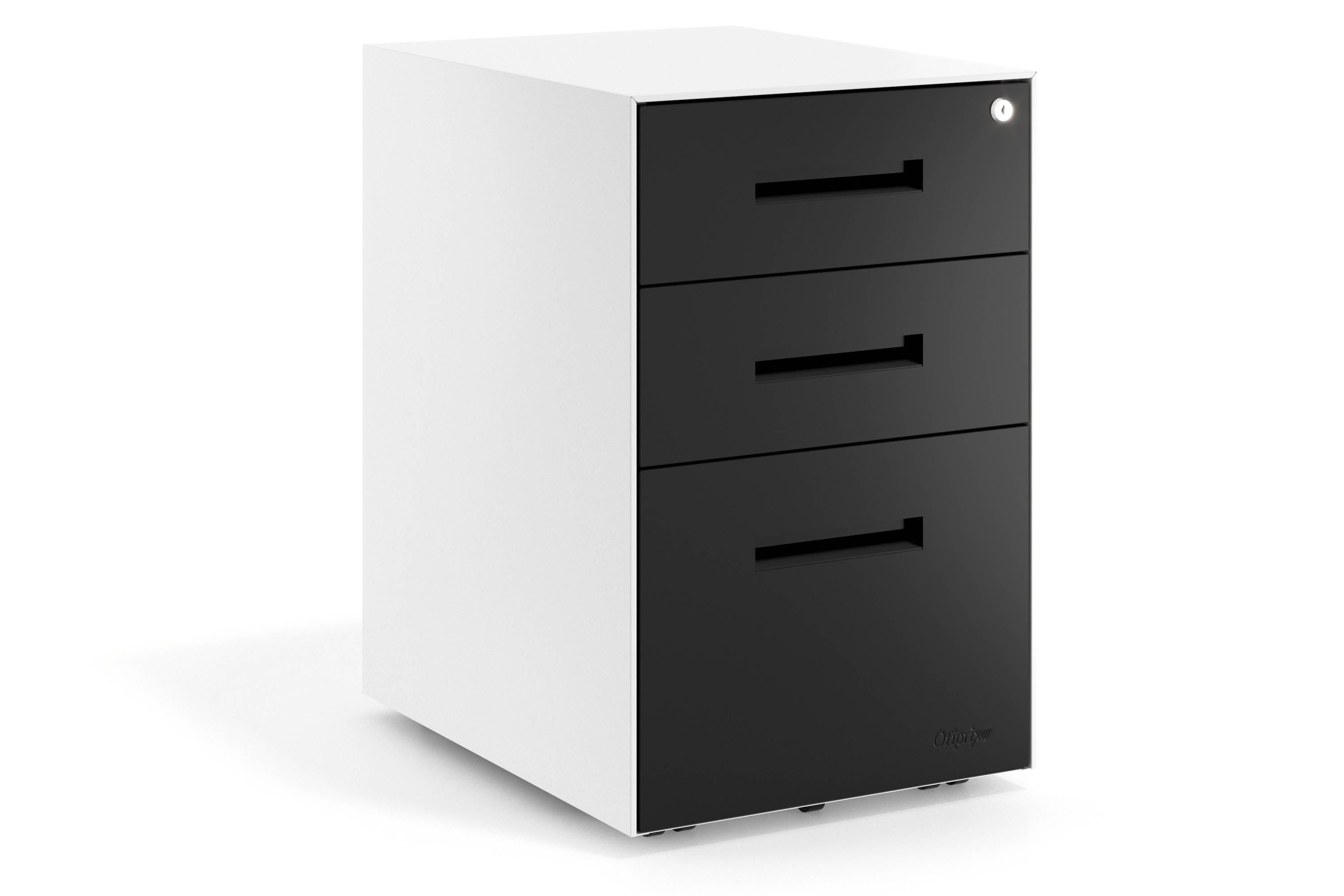 Rollcontainer Büro Block, 2 Schubladen + Hängeregister, Gestell Weiß, Fronten Metall