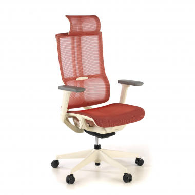 ergonomischer burostuhl weiss rot weisse struktur netzstoff 3d verstellbare armlehnen doppelte lordosenstutze kopfstutze 1