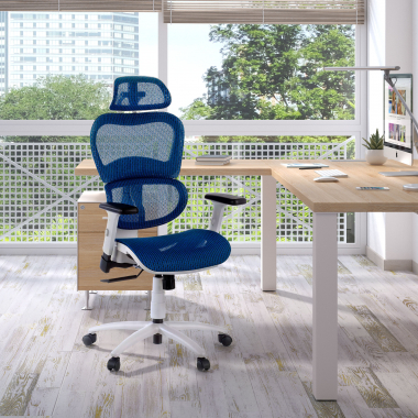 ergonomischer burostuhl weiss blau weisse struktur netzstoff 3d verstellbare armlehnen doppelte lordosenstutze kopfstutze 2
