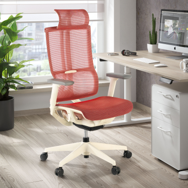 ergonomischer burostuhl weiss rot weisse struktur netzstoff 3d verstellbare armlehnen doppelte lordosenstutze kopfstutze 2