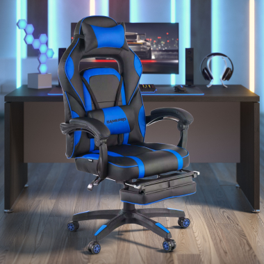 gaming stuhl blau logan kunstleder bewegliche armlehnen lumbal und nackenkissen kopfstutze ausziehbare fussstutze 2