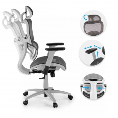 ergonomischer burostuhl weiss grau weisse struktur netzstoff 3d verstellbare armlehnen doppelte lordosenstutze kopfstutze 3