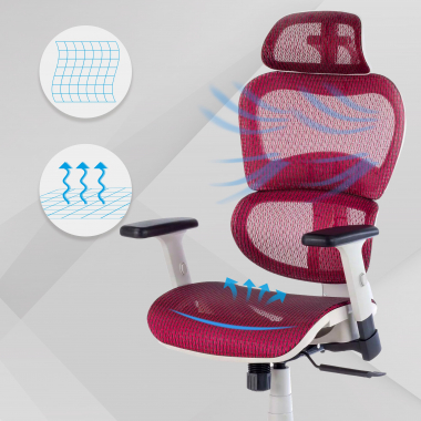 ergonomischer burostuhl weiss rot weisse struktur netzstoff 3d verstellbare armlehnen doppelte lordosenstutze kopfstutze 4