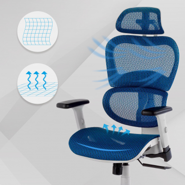 ergonomischer burostuhl weiss blau weisse struktur netzstoff 3d verstellbare armlehnen doppelte lordosenstutze kopfstutze 4