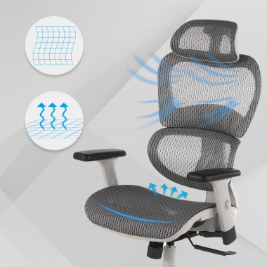 ergonomischer burostuhl weiss grau weisse struktur netzstoff 3d verstellbare armlehnen doppelte lordosenstutze kopfstutze 4