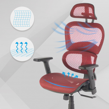 ergonomischer burostuhl rot schwarze struktur netzstoff 3d verstellbare armlehnen doppelte lordosenstutze kopfstutze 4