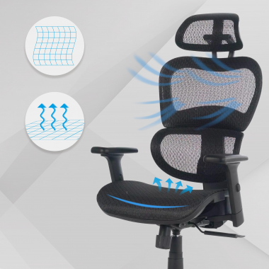 ergonomischer burostuhl schwarz schwarze struktur netzstoff 3d verstellbare armlehnen doppelte lordosenstutze kopfstutze 4