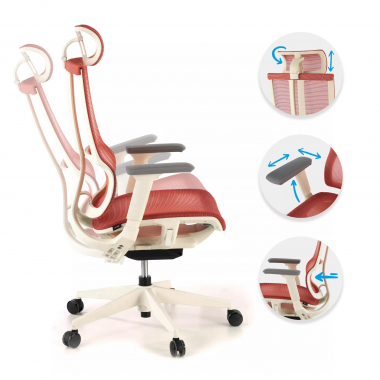 ergonomischer burostuhl weiss rot weisse struktur netzstoff 3d verstellbare armlehnen doppelte lordosenstutze kopfstutze 3