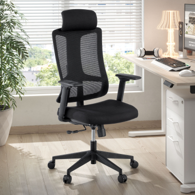 ergonomischer burostuhl schwarz schwarzes gestell netzstoff 3d verstellbare armlehnen lordosenstutze kopfstutze 2