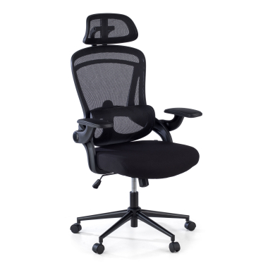 ergonomischer burostuhl schwarz optima netzstoff hochklappbare armlehnen doppelte lordosenstutze kopfstutze 1